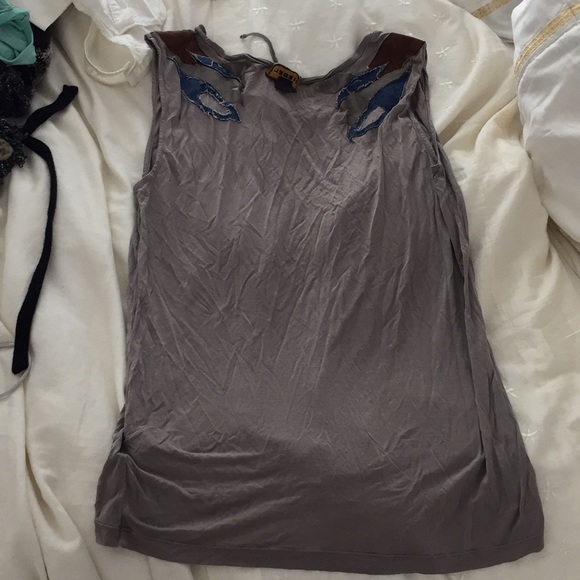 Gray cotton tunic top with leather and jean detail - Picture 2 of 2